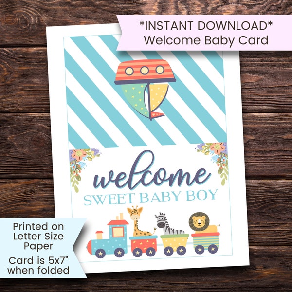 New Baby Boy Card, Printable Baby Boy Card, New Baby, Welcome Baby Card, Congratulations, Boy, Train, Boat, Printable, Digital, Download