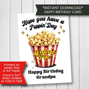 Carte d'anniversaire drôle imprimable pour grand-père, meilleure carte d'anniversaire grand-père de petit-enfant, carte d'anniversaire de pop-corn, téléchargement imprimable