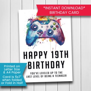 Carte d'anniversaire imprimable jeu vidéo pour 19e anniversaire, dix-neuvième carte d'anniversaire pour neveu, pour fils, pour adolescent, pour garçon, téléchargement numérique