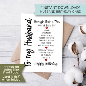 Carte d'anniversaire imprimable mari, carte d'anniversaire pour mari, carte d'anniversaire de femme, pour mon mari, pour âme soeur, téléchargement numérique
