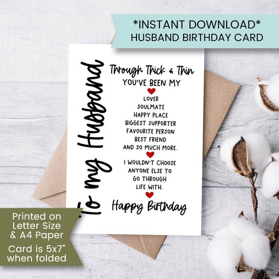 Printable Husband Birthday Card, Birthday Card for Husband, Birthday Card from Wife, for my Husband, for Soulmate, Digital Download