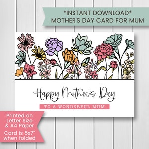 Carte de fête des mères imprimable, carte de fête des mères pour maman, fleurs sauvages, carte de fête des mères, carte florale, aquarelle, imprimable, numérique, téléchargement