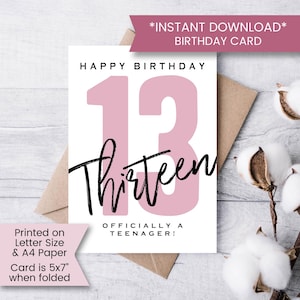 May include: A birthday card with the number 13 in pink and the word "Thirteen" in black script. The card reads "Happy Birthday" and "Officially a Teenager!" against a white background. The card is 5x7 inches when folded.