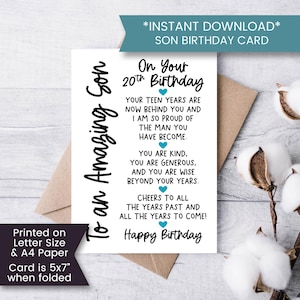 Tarjeta de cumpleaños para hijo imprimible, tarjeta de cumpleaños para hijo, tarjeta de cumpleaños número 20 para un hijo increíble, para mi hijo, hijo número veinte, descarga instantánea, digital