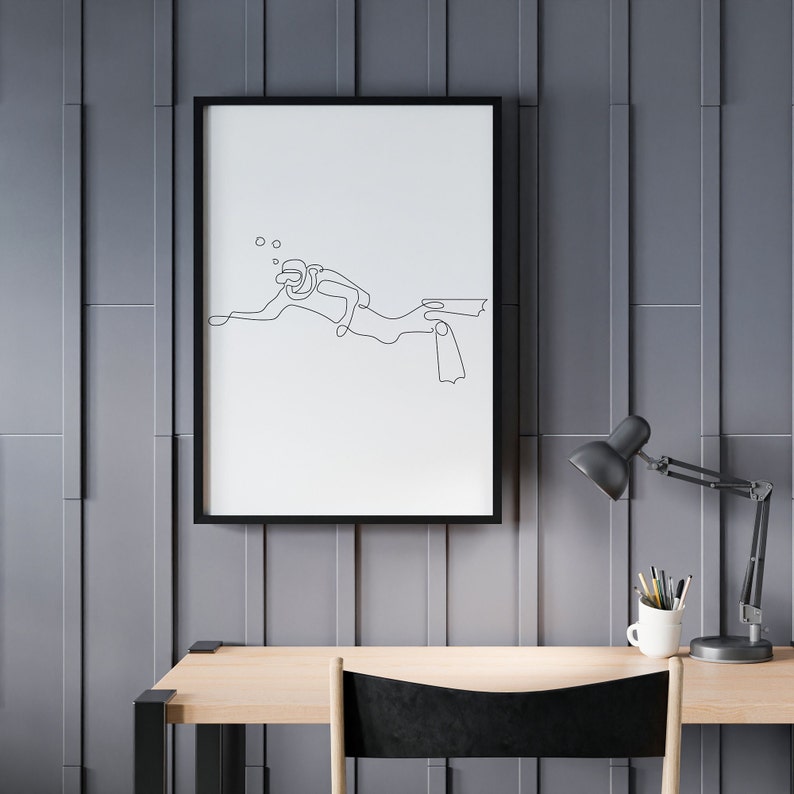 Scuba Diver Minimalist Printable Line Art Diver Wall Black Lines