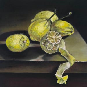 Golden Lemons on a Dark Table &quot;Juicy Citrus: A Still Life Masterpiece&quot;Rustic Elegance Lemons in Umber Tones