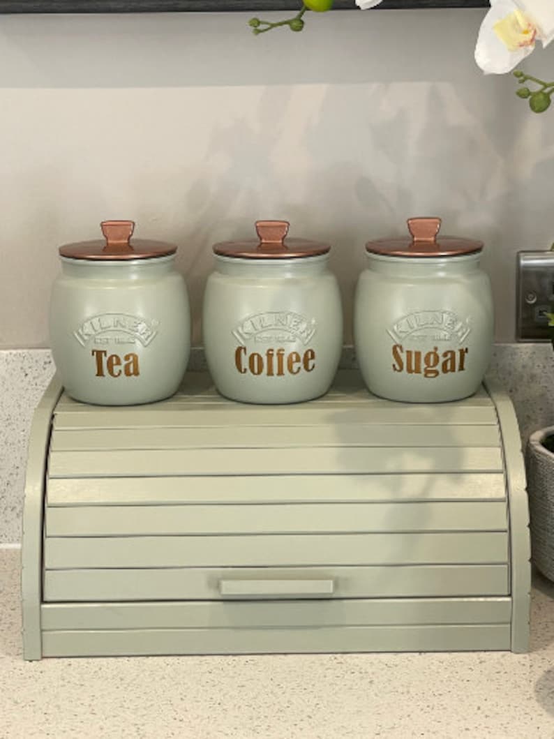 Sage Green Tea Coffee Sugar Canisters and Optional Bread Bin Box