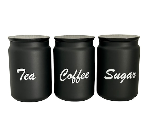 Black Tea Coffee Sugar Canister Sets Kitchen Storage Choice of Lid Colour  and Wording 