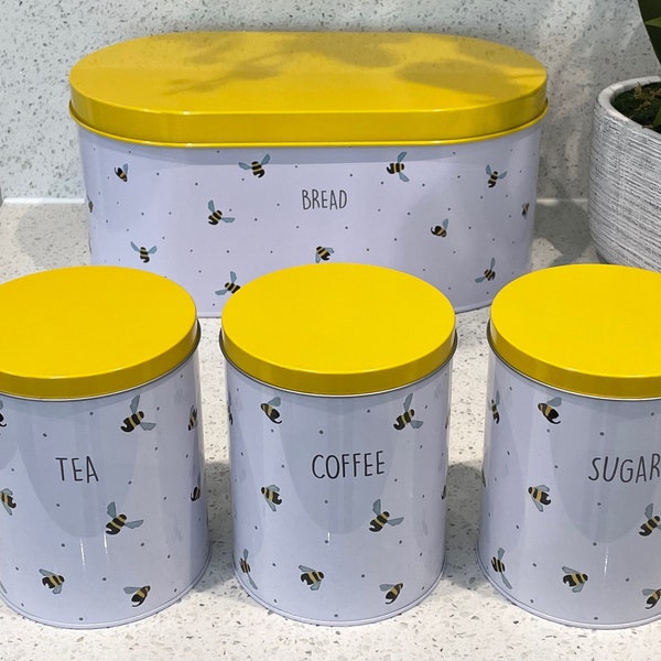 Kitchen Storage Sets Tea Coffee Sugar, Bread Bin Box Containers Sweet Bee design Metal (Tin ) Steel canister sets