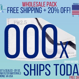 May include: Image features a stack of white PM2.5 filter layers with the number "1000x" in large blue font. Text includes "WHOLESALE PACK" and "PROUDLY MADE IN U.S.A." on a light blue background.