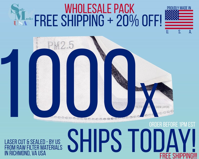 May include: Image features a stack of white PM2.5 filter layers with the number "1000x" in large blue font. Text includes "WHOLESALE PACK" and "PROUDLY MADE IN U.S.A." on a light blue background.
