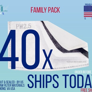 May include: A blue and white graphic promoting a family pack of PM2.5 filters. The text reads "FAMILY PACK" and "40x". The American flag is displayed with the text "PROUDLY MADE IN U.S.A.". Additional text includes "LASER CUT & SEALED - BY US FROM RAW FILTER MATERIALS IN RICHMOND, VA USA".