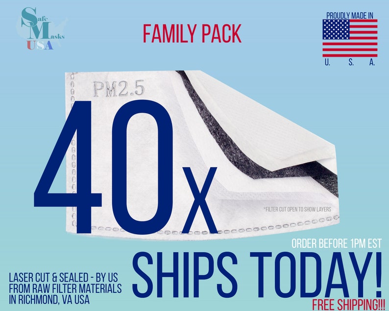 May include: A blue and white graphic promoting a family pack of PM2.5 filters. The text reads "FAMILY PACK" and "40x". The American flag is displayed with the text "PROUDLY MADE IN U.S.A.". Additional text includes "LASER CUT & SEALED - BY US FROM RAW FILTER MATERIALS IN RICHMOND, VA USA".
