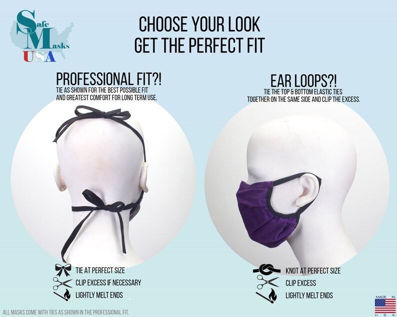 May include: Diagram showing two ways to wear a face mask: professional fit with ties and ear loops. The professional fit shows a black mask with ties tied at the back of the head. The ear loops show a purple mask with elastic ear loops. Both diagrams include instructions on how to tie and clip the mask.