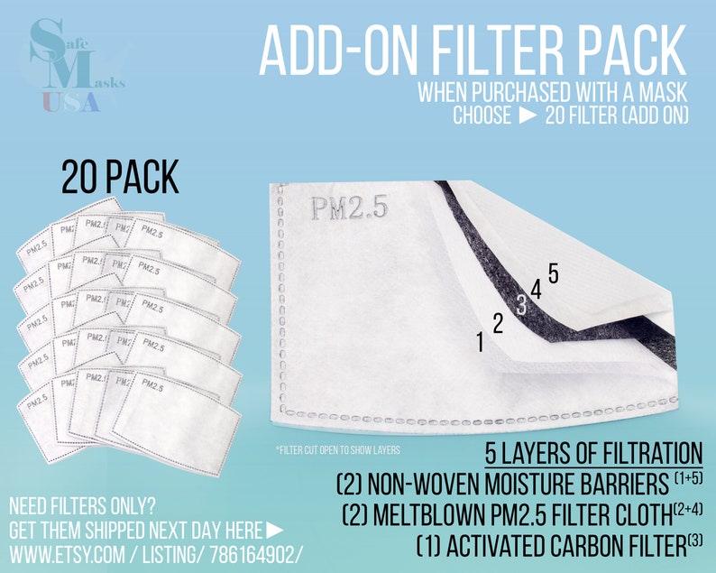May include: A 20 pack of white PM2.5 air filter replacements for face masks. The filters are shown in a stack and individually. A close-up image shows the 5 layers of filtration: 2 non-woven moisture barriers, 2 meltblown PM2.5 filter cloth, and 1 activated carbon filter. The text "ADD-ON FILTER PACK" is at the top of the image. The text "WHEN PURCHASED WITH A MASK CHOOSE 20 FILTER (ADD ON)" is below the title. The text "NEED FILTERS ONLY? GET THEM SHIPPED NEXT DAY HERE! WWW.ETSY.COM/LISTING/786164902/" is at the bottom of the image.
