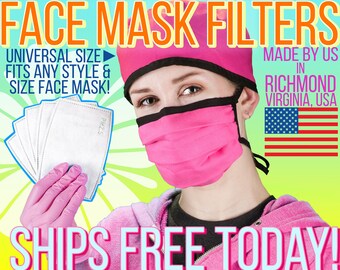May include: A woman wearing a pink face mask with a black trim holds a stack of white face mask filters. The filters are labeled "PM2.5". The text "FACE MASK FILTERS" is in large, bold letters at the top of the image. The text "SHIPS FREE TODAY!" is in large, bold letters at the bottom of the image. The text "MADE BY US IN RICHMOND VIRGINIA, USA" is in the upper right corner of the image. A small American flag is below the text.