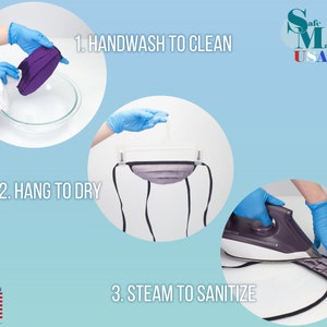May include: Instructions for cleaning a reusable face mask. The steps are: 1. Handwash to clean, 2. Hang to dry, 3. Steam to sanitize. The image shows a person washing a purple mask, hanging a gray mask to dry, and steaming a gray mask with an iron.