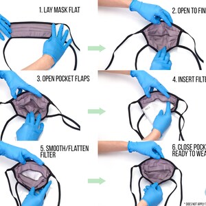 May include: A six-step guide on how to insert a filter into a reusable face mask. The mask is gray with black elastic straps. The steps are illustrated with hands wearing blue gloves.