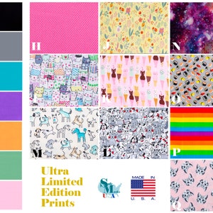 May include: A color chart with seven different colors: black, gray, teal, purple, orange, green, and pink. Below the chart is a collection of fabric swatches with various patterns, including cats, dogs, ice cream cones, sushi, a rainbow, and flowers. The text "Ultra Limited Edition Prints" is displayed below the swatches.