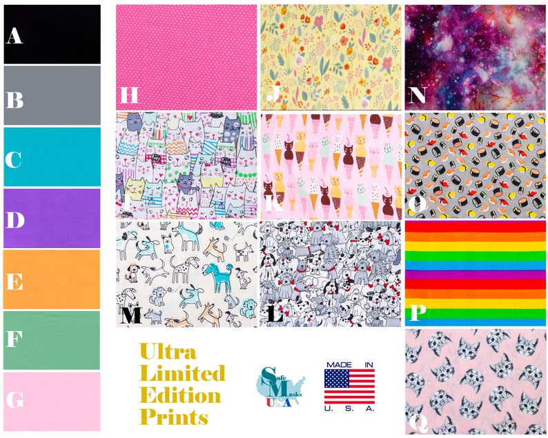 May include: A color chart with seven different colors: black, gray, teal, purple, orange, green, and pink. Below the chart is a collection of fabric swatches with various patterns, including cats, dogs, ice cream cones, sushi, a rainbow, and flowers. The text "Ultra Limited Edition Prints" is displayed below the swatches.