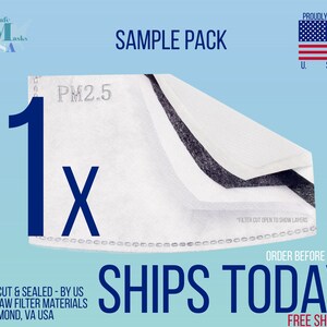May include: A sample pack of PM2.5 filter layers, with the text "SAMPLE PACK" and "SHIPS TODAY!". The image includes the text "PROUDLY MADE IN U.S.A." and "LASER CUT & SEALED - BY US FROM RAW FILTER MATERIALS IN RICHMOND, VA USA."