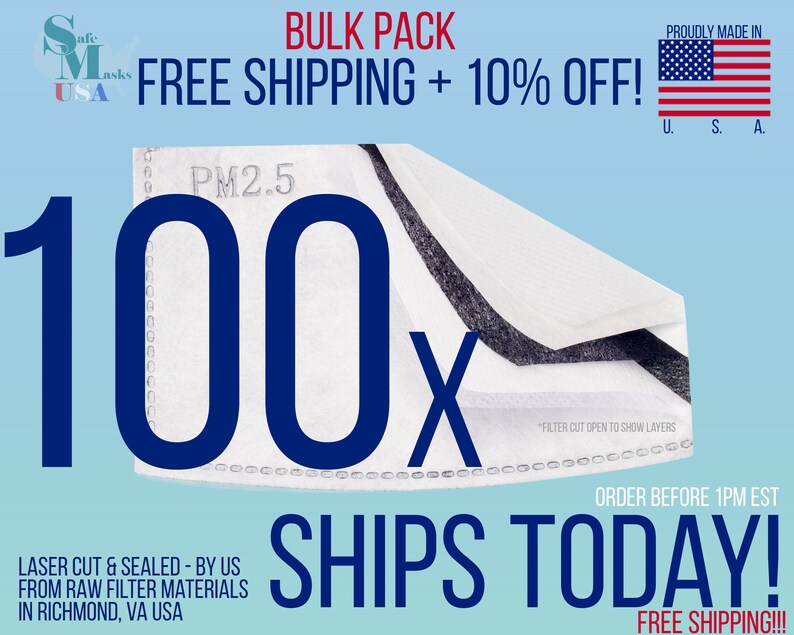 May include: A stack of white PM2.5 filter layers with the text "100x" in large blue font. The image includes the text "BULK PACK" and "FREE SHIPPING + 10% OFF!" with the American flag in the background. The text "SHIPS TODAY!" is also visible.