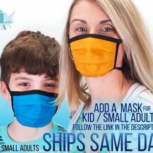 May include: A blue face mask on a child and an orange face mask on an adult. Both masks have a black trim. The text on the image says "ADD A MASK FOR KID / SMALL ADULT" and "KIDS + SMALL ADULTS SHIPS SAME DAY!"