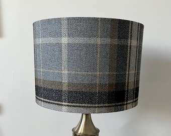 Black & grey tartan, check, plaid drum lampshade. Faux wool fabric Handmade. 20, 25, 30 or 40 cm diameter
