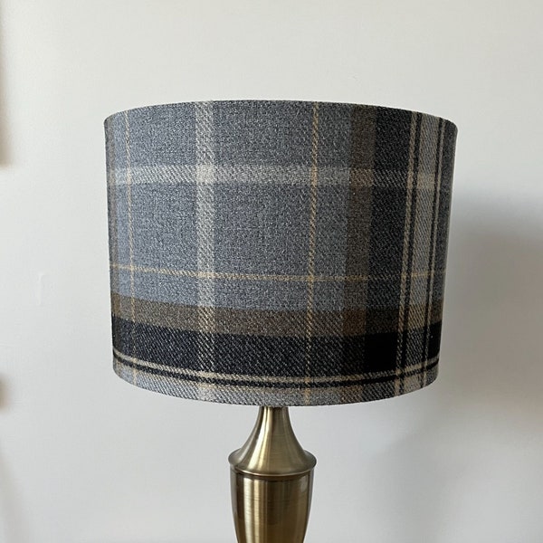 Black & grey tartan, check, plaid drum lampshade. Faux wool fabric Handmade. 20, 25, 30 or 40 cm diameter