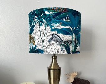 Handmade, jungle theme drum lampshade. Tropical birds and foliage. Velvet feel Printed fabric