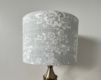 Vintage style grey and white roses fabric, drum lampshade. Handmade, table lamp, standard floor lamp, ceiling pendant.