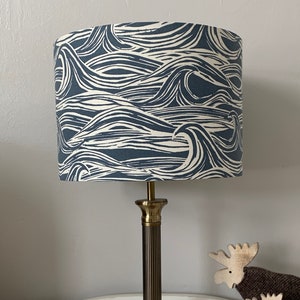 Handmade Navy Blue Wave /Surf Drum Lampshade - 20, 25, 30 or 40 cm  - 100% Cotton - Printed Fabric