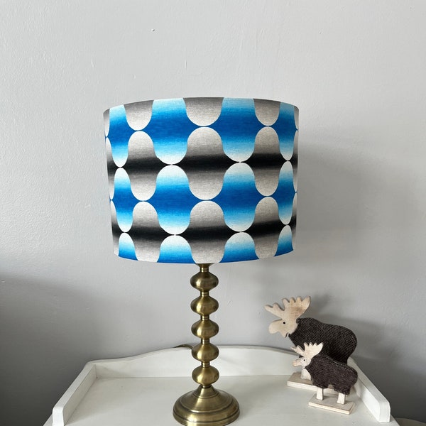 Blue, black and grey geometric retro pattern fabric drum lampshade. Handmade. Table Lamp. Ceiling Pendant. Floor Lamp