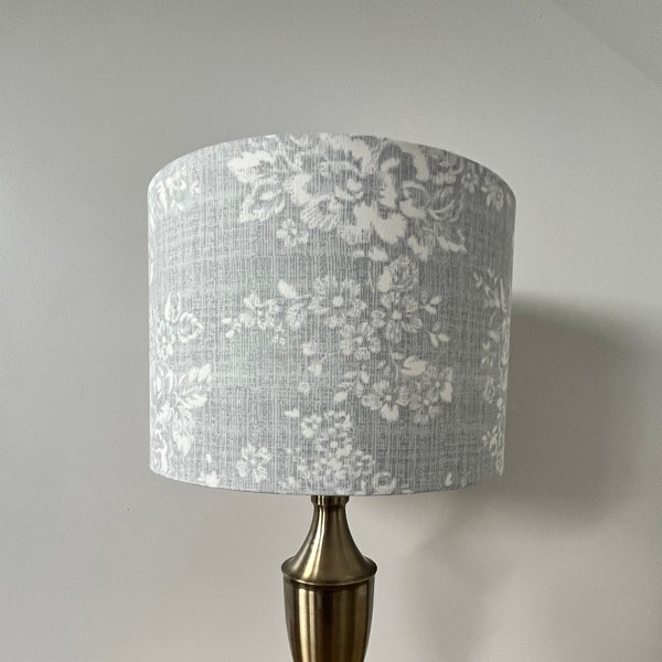 Vintage style grey and white roses fabric, drum lampshade. Handmade, table lamp, standard floor lamp, ceiling pendant.