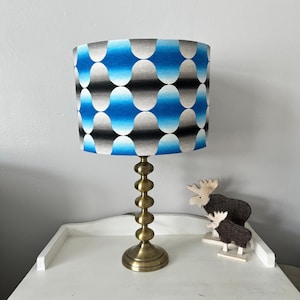 Blue, black and grey geometric retro pattern fabric drum lampshade. Handmade. Table Lamp. Ceiling Pendant. Floor Lamp