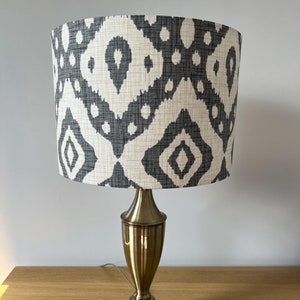 Ikat grey and cream drum lampshade. Modern diamond patterned 100% cotton fabric. Table/Floor Lamp/Ceiling Pendant. 20cm 25cm 30cm 40cm