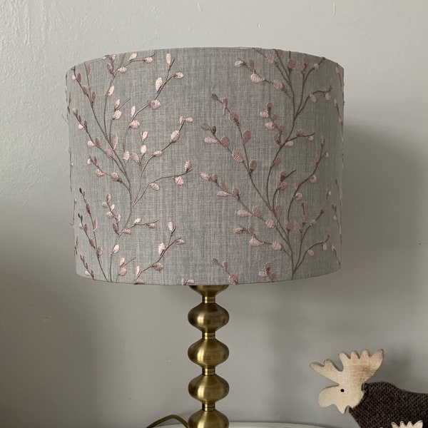 Handmade Grey & Pink Blossom, Drum Lampshade - 20, 25, 30 cm  - 100% Polyester Fabric.