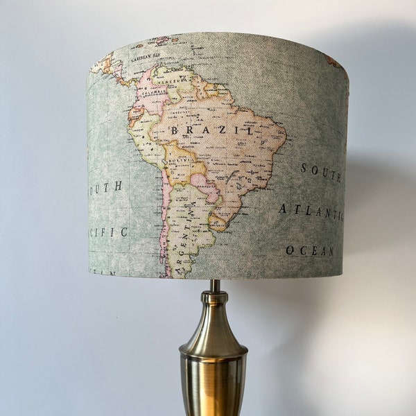 Abat-jour tambour vintage carte du monde 30 cm - Pour lampe de table - Coton - Tissu imprimé