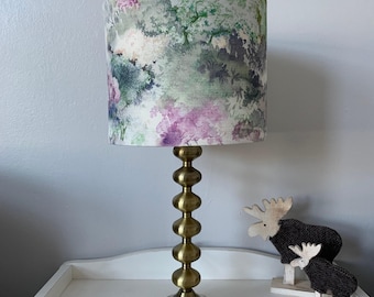 Handmade 20cm drum lampshade. Watercolour pink, green, mauve, blue and yellow pastel forest -  Printed fabric