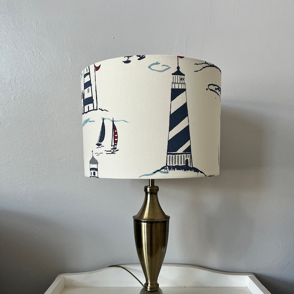 Handmade white and navy nautical lighthouse Drum Lampshade - 20, 25, 30 or 40 cm - 100% Cotton - Printed Fabric