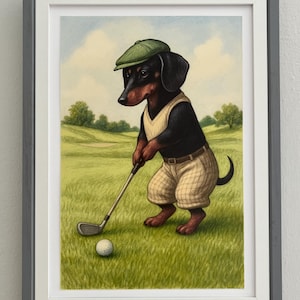 Male Dachshund Playing Golf Art Print – Whimsical Dog Wall Decor –  Dachshund in Golf Attire – Dog Lover Gift - Dachshund Lovers Picture