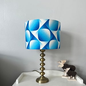 Blue and white geometric retro pattern fabric drum lampshade. Handmade. Table Lamp. Ceiling Pendant. Floor Lamp