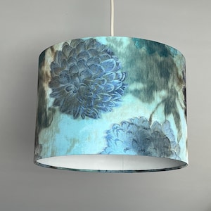Blue Silk Floral Lampshade – Handmade Ceiling Pendant or Table Lamp Shade – Elegant Flower Drum Shade for Floor Lamp Handmade.