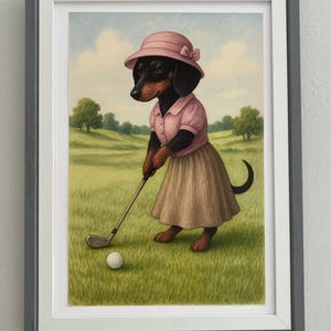 Lady Dachshund Playing Golf Art Print – Whimsical Dog Wall Decor –  Dachshund in Golf Attire – Dog Lover Gift - Dachshund Lovers Picture