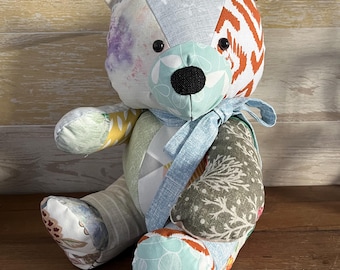 Scrappy patchwork teddy bear. Handmade, approximate size  14.5 inches / 37cm high
