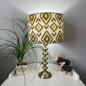 Swedish Ikat style Scandi fabric, olive green and white handmade drum lampshade. Diamond pattern.