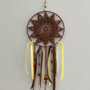 Brown cotton thread crochet boho dreamcatcher. 20cm (8&quot;) diameter.
