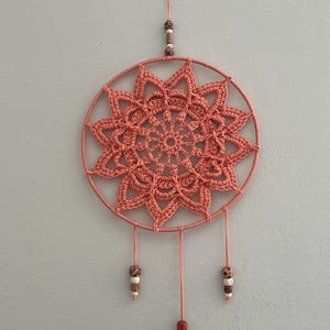 Orange cotton thread crochet boho dreamcatcher. 20cm (8&quot;) diameter.