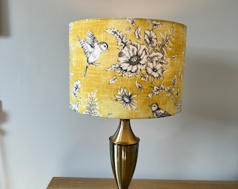 Classic yellow flowers and garden birds handmade drum lampshade. Yellow & white.