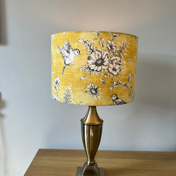 Classic yellow flowers and garden birds handmade drum lampshade. Yellow & white.